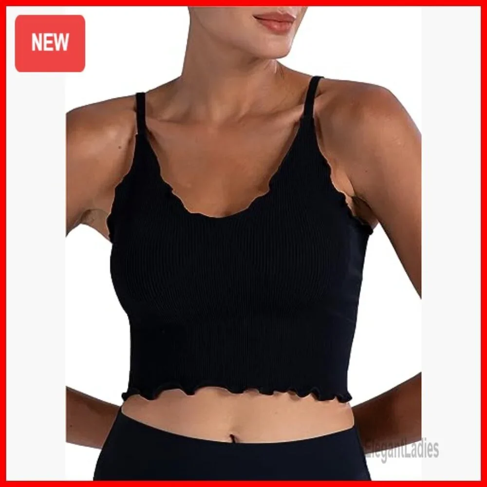 Seamless Ribbed Crop Camisole V Neck Ruffles Tank Top Women